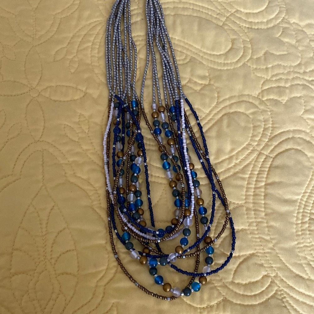 Blue, Copper and Silver Beaded Necklace, 20”